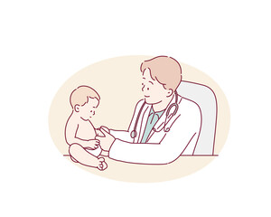 Pediatrician is taking care of baby in hospital. Little girl is being examine by doctor with stethoscope. Hand drawn style vector design illustrations.