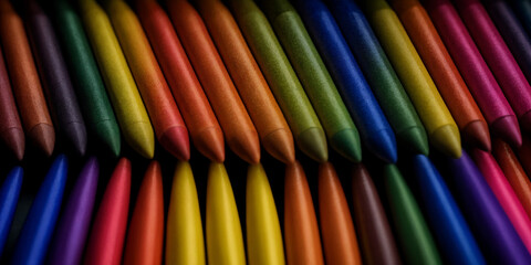 Kreative Anordnung von farbigen Wachsmalstiften in einem engen und symmetrischen Muster, perfekte Auswahl für künstlerische und handwerkliche Arbeiten mit einem Fokus auf leuchtende Farben