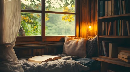 Rustic vintage reading nook soft warm light by window on rainy day