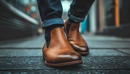Close-up of Brown Leather Chelsea Boots on a Wet Pavement