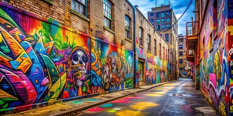 Naklejka premium Vivid and colorful graffiti art in an urban setting featuring walls covered in vibrant street art