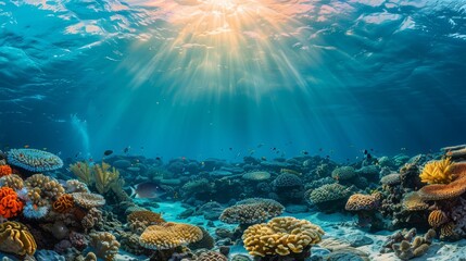 Fototapeta premium Stunning coral reef landscape with sun rays penetrating the water and illuminating the scene