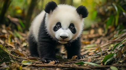 Fototapeta premium Curious Giant Panda Cub: Future Conservation Ambassador Exploring Its Habitat