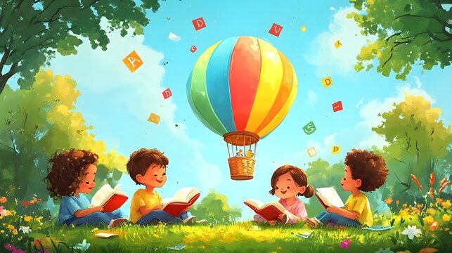 A cheerful and energetic illustration for International Literacy Day, depicting a group of children sitting on the grass in a park, reading books aloud to each other.
