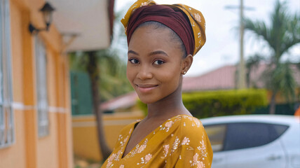 Young woman wearing a mustard yellow headwrap and floral dress, standing outdoors with a soft smile in a suburban area, with palm trees and houses in the background