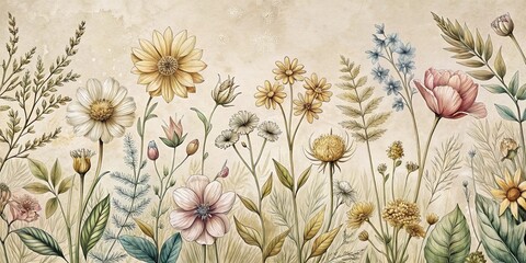 Vintage style botanical sketch of wildflowers with delicate lines and muted colors