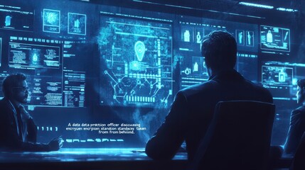 Futuristic Technology Interface: Silhouetted Figures Analyzing Data