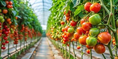 Row of tomato plants in a greenhouse with dirt path, ripe tomatoes on the vine, and lush green leaves