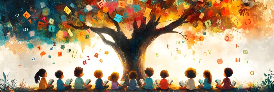 A lively illustration for International Literacy Day, featuring a diverse group of children sitting in a circle under a large tree, each child holding a book. - Powered by Adobe