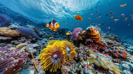 Fototapeta premium Diverse coral ecosystem featuring sponges, anemones, and vibrant reef fish in a serene underwater setting