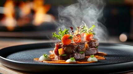 Gourmet steak dish with vegetables and sauce