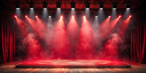 Dramatic empty stage with red spotlights and smoke for product presentations or theatrical mood