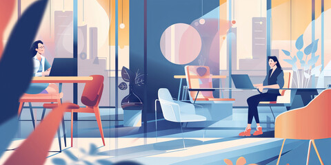 A minimalist infographic explaining the benefits of telecommuting, using simple shapes and muted colors to convey its message.