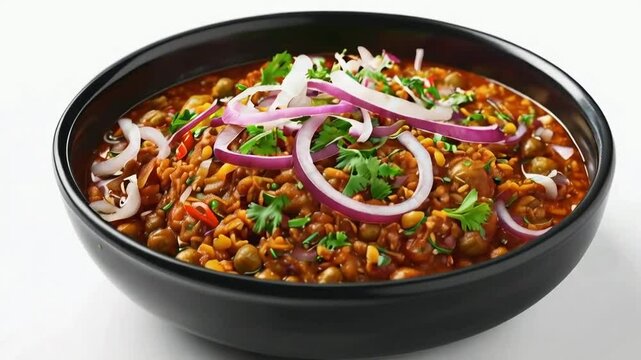 A plate of ropa vieja, the shredded beef simmered in a rich tomato sauce with bell peppers and olives, isolated on white background