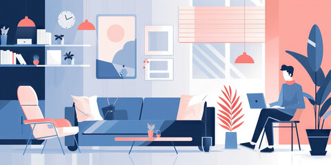 A minimalist infographic explaining the benefits of telecommuting, using simple shapes and muted colors to convey its message.