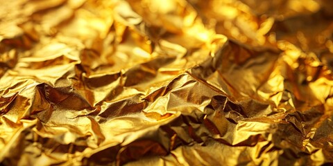 Close-up of shiny metallic gold foil with textured surface reflecting light, symbolizing wealth and luxury