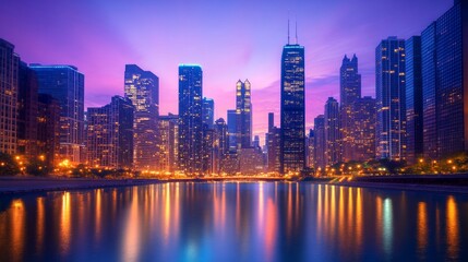 Obraz premium Cityscape at twilight with reflection in water.