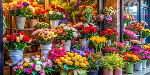 Vibrant collection of colorful flowers in a beautiful display at a flower shop window