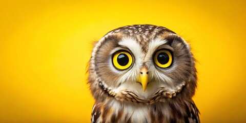 Fototapeta premium Adorable owl with big eyes on a vibrant yellow background