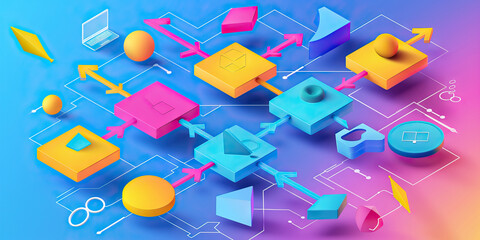 A colorful flowchart illustrating the various steps involved in project management, with arrows and shapes in bright hues for clarity.