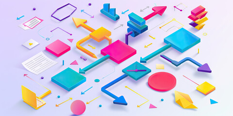 A colorful flowchart illustrating the various steps involved in project management, with arrows and shapes in bright hues for clarity.