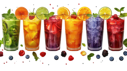 A selection of fresh, delicious smoothies in classic styles, isolated on a transparent png e background.