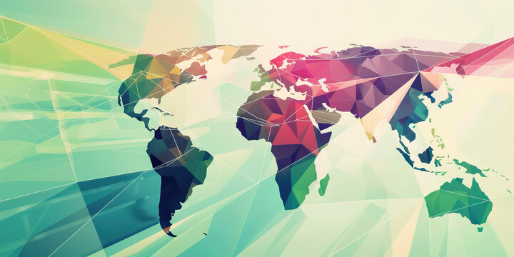 A modern art piece using geometric shapes to depict the global distribution network of a multinational corporation, with a focus on environmental sustainability.