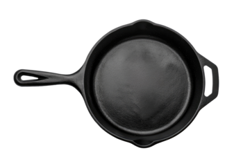 Empty cast iron pan isolated on transparent background, top view