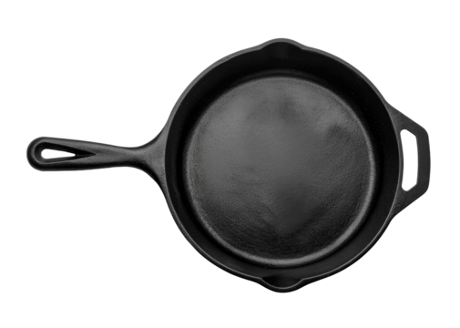 Empty cast iron pan isolated on transparent background, top view