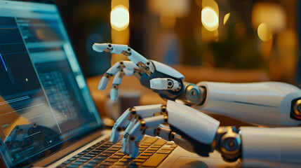 Robot hands focus on a laptop button, representing the seamless operation of an advisor chatbot within the realm of artificial intelligence.