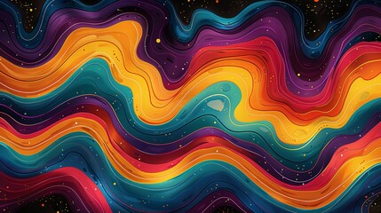 Obraz premium Abstract groovy hippie 70s background. Waves colorful vintage swirl, twirl ,psychedelic, striped pattern illustration design for wallpaper, web, banner and print