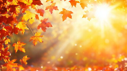 Fototapeta premium 紅葉したオレンジ色の葉と秋の明るく暖かい太陽の日差しをリアルに描いたAI生成画像