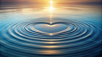 Delicate heart shaped ripples on serene water reflecting the warmth of a sunny day, symbolizing love and tranquility