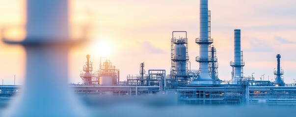 Expansive oil refinery complex with cooling towers and distillation columns, oil refinery, heavy-duty and large-scale infrastructure.