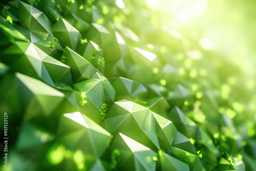 Fototapete 3d rendering of a green abstract background with polygonal shapes and sunlight