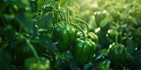 Vibrant green bell peppers flourishing in a backyard garden.