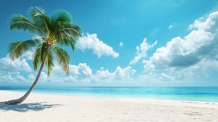 Beautiful white sand beach with coconut trees on a bright sunny day.