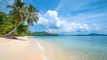 Beautiful white sand beach with coconut trees on a bright sunny day.