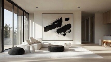 Minimalist living room with black and white abstract art, white sofa, and large windows.