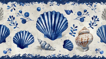 Azure blue white shell motif with linen seamless batik background, Modern coastal beach cottage rustic shell block print home decor pattern design in sealife beach style