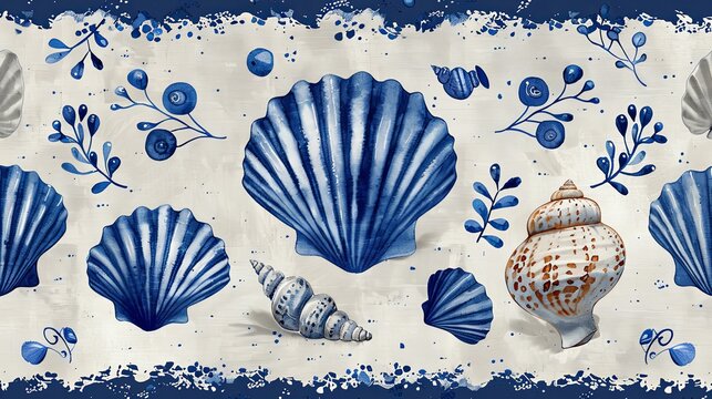 Azure blue white shell motif with linen seamless batik background, Modern coastal beach cottage rustic shell block print home decor pattern design in sealife beach style