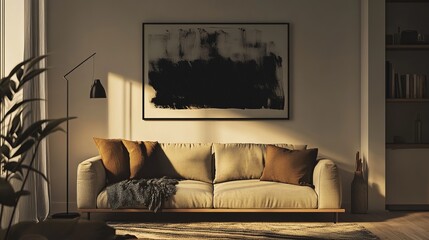 Modern living room with a couch, a painting, and a floor lamp.