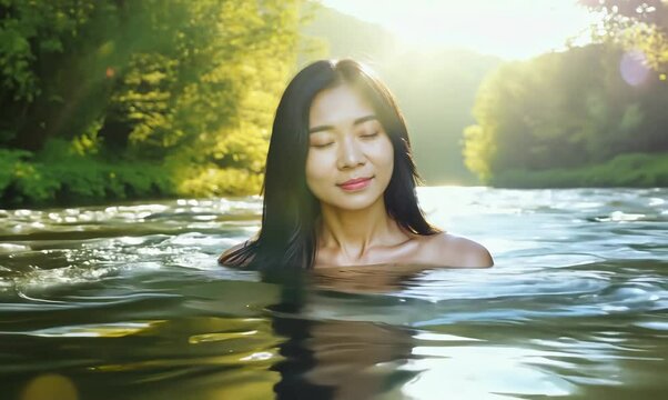 Serene Chinese Woman Floating in River with Loveful Gaze