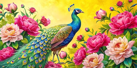 Fototapeta premium Vibrant painting of a peacock with pink peonies and a rose on a yellow background