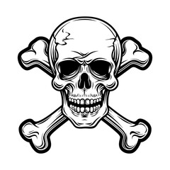 Skull with Crossbones Hand drawn, Skull silhouette vector illustration.