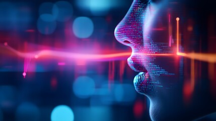 A modern speaker's face in double exposure, intertwined with vibrant soundwaves and intricate speech analysis software, capturing the essence of communication technology