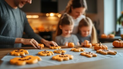 Family Pumpkin Carving Together on Cozy Autumn Evening