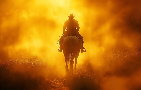 As dusk draws in, a cowboy on a horse gallops along a trail covered in dust.