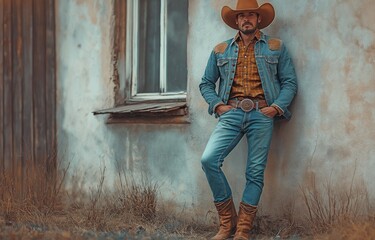A cowboy, dressed in a fashionable western attire and hat, stands casually against a structure, displaying a fusion of country and urban style.