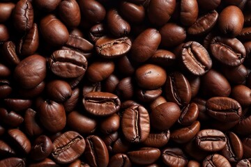 Fototapeta premium Detailed texture background of dark brown coffee beans in a closeup view, ideal as a backdrop for design, advertising, and packaging product photography.
